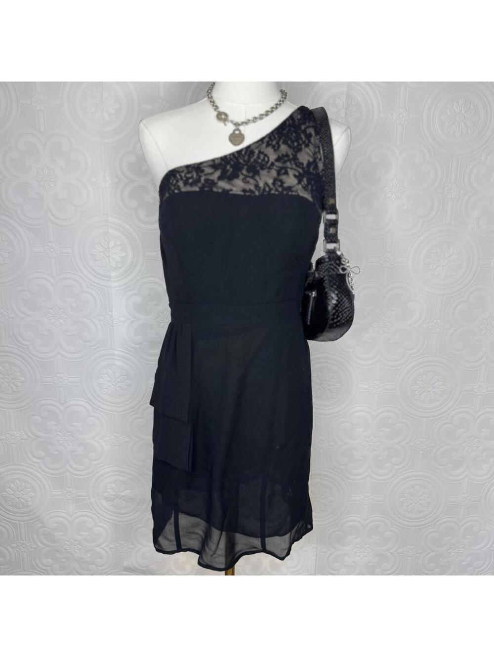 Black Silk Asymmetrical Mini Dress Womens 6 One-shoulder Backless Lace Chiffon